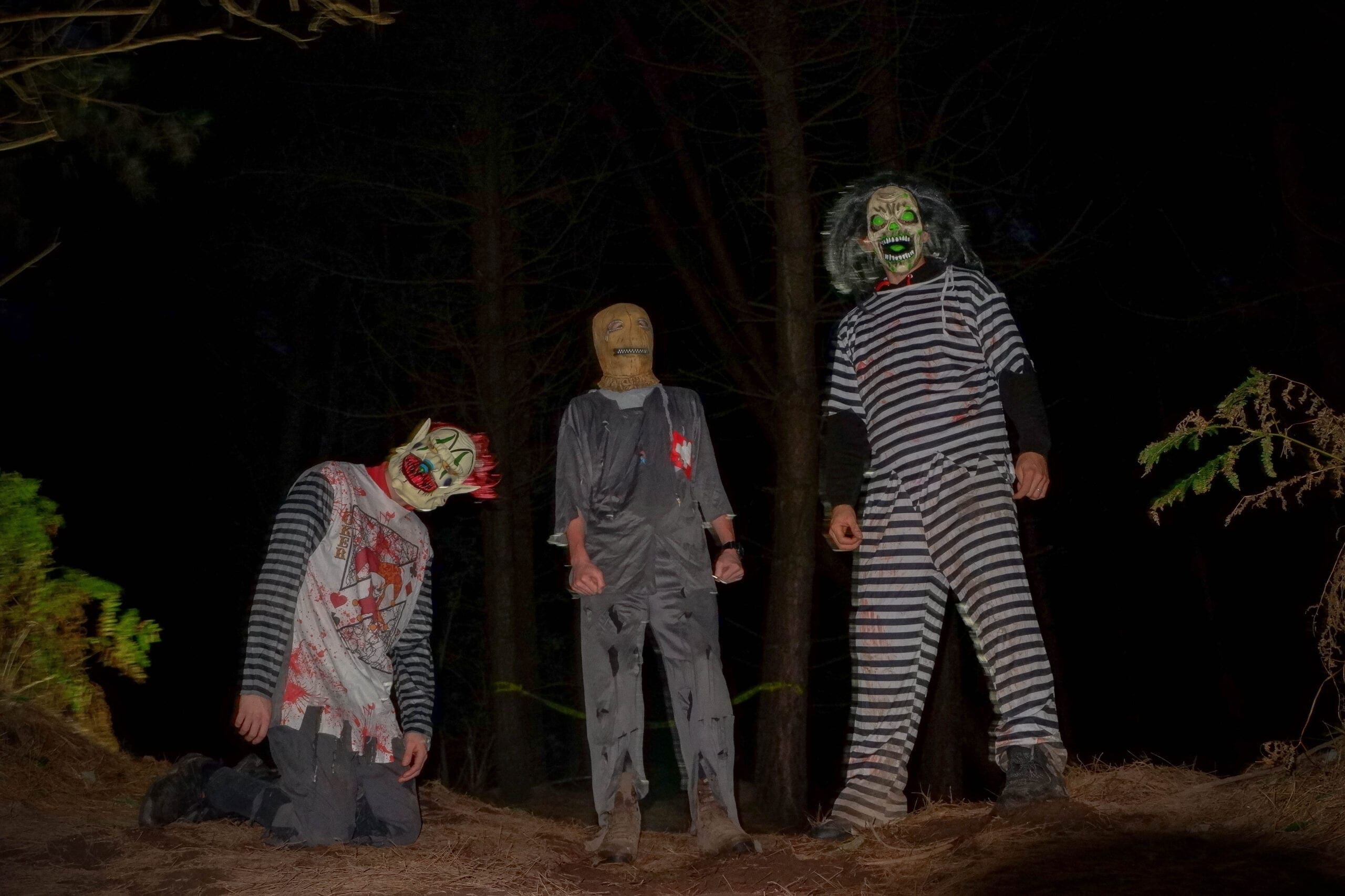 Three people in costumes in the woods