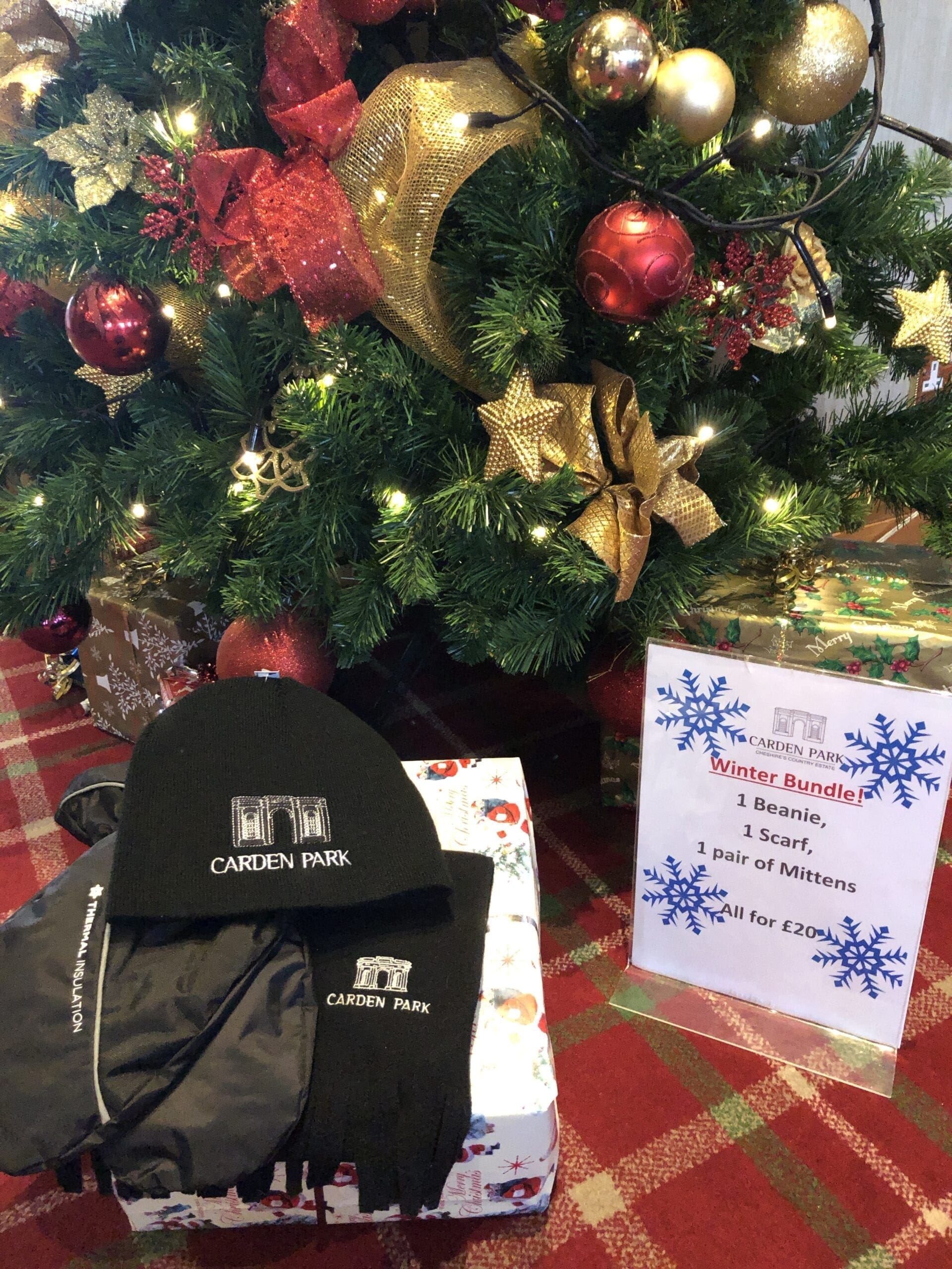 Carden Park hat and gloves under a Christmas tree
