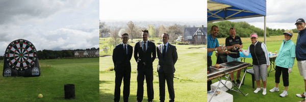 Three men in suits on the golf course