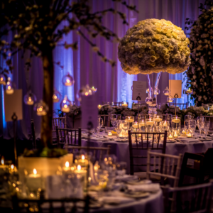 evening wedding set up with deep purple mood lighting